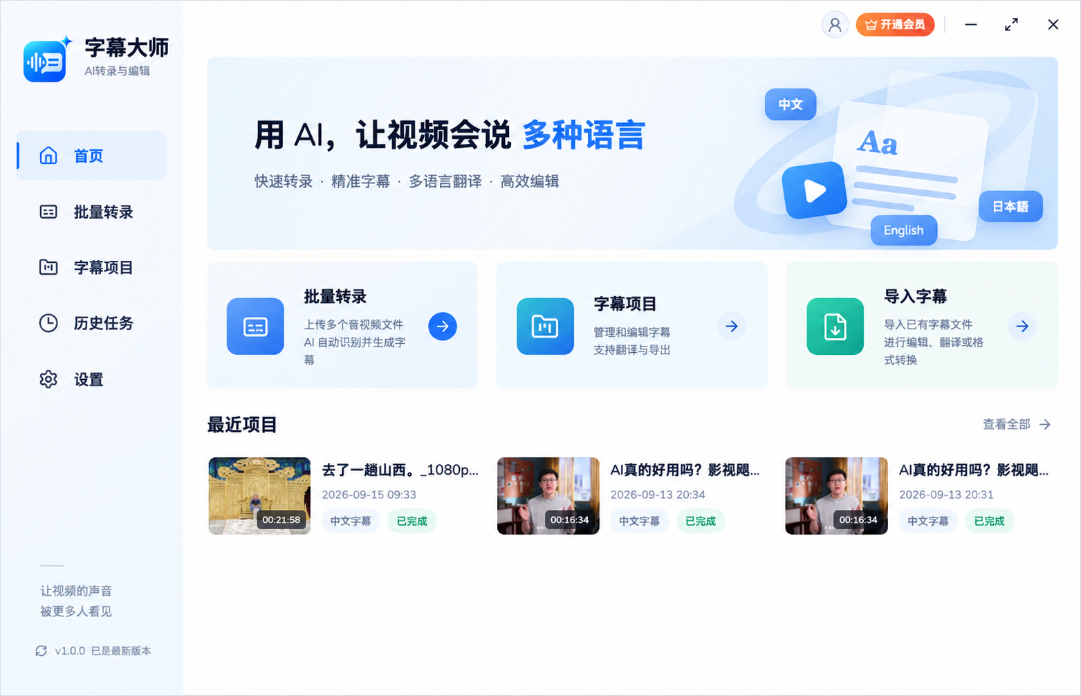 字幕大师首页概览界面
